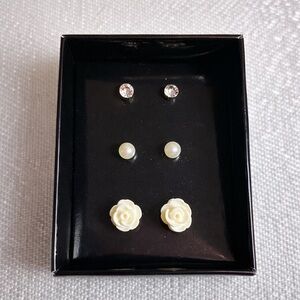 3-Pair Pearl & Crystal Stud Earrings Set | Rose Flower | Classic Elegant